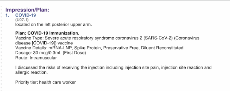 MaryBowdenMD's tweet photo. Here's an example of a doctor's "informed consent" documentation for the COVID shot. "I discussed the risks of receiving the injection including injection site pain, injection site reaction and allergic reaction." This patient was mandated to get the shot and developed Bell's palsy followed by progressive swallowing difficulties. She's seen multiple doctors, but I just submitted her first VAERS report. She was 40 years old and healthy when she got the shot.