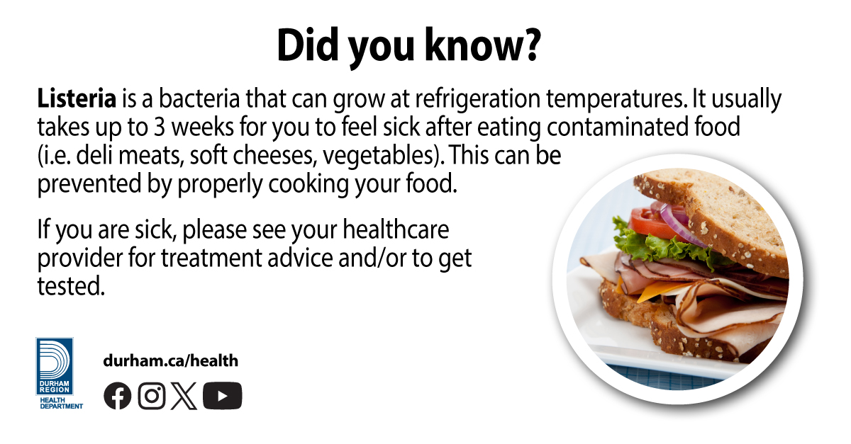 DurhamHealth's tweet photo. Listeria is a bacteria that can grow at refrigeration temperatures. It usually takes up to 3 weeks for you to feel sick after eating contaminated food prevented by properly cooking your food.

If you are sick, please see your healthcare provider.

Visit https://t.co/HSE99C9RMK https://t.co/xhfEoso92Q