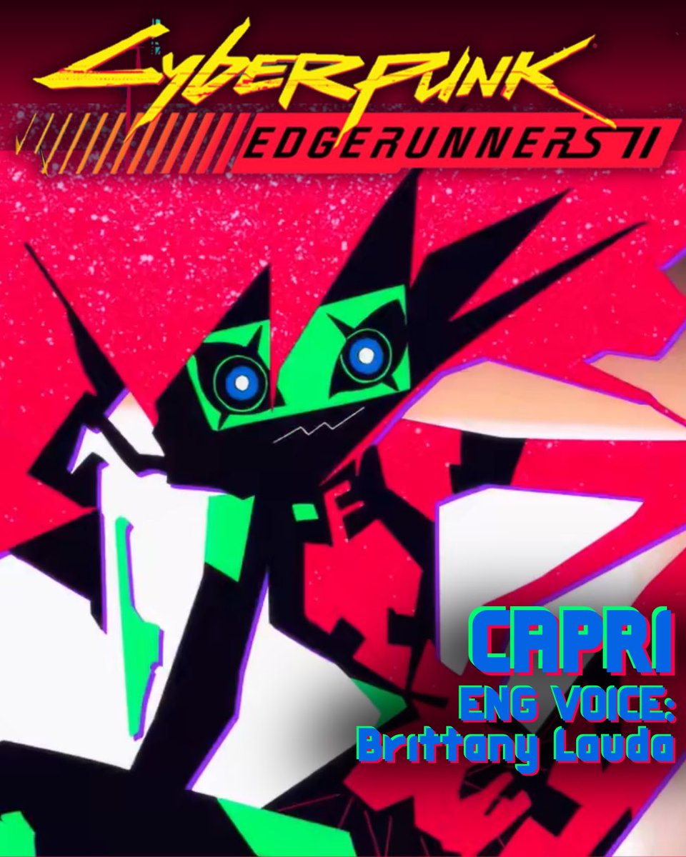 BrittanyLaudaVO's tweet photo. You can call me…✨Capri✨!

I voice Capri in Cyberpunk Edgerunners 2! I had a delightful time getting to craft our lil menace &amp; I hope all you watching enjoy her &amp; the whole season! Major thanks to all for having me, especially @edgerunners, @CDPROJEKTRED, &amp; @trigger_inc ! https://t.co/I916WkLF3v