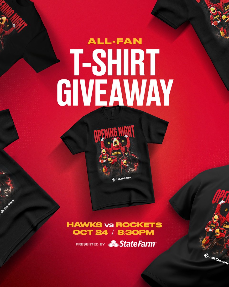 ATLHawks's tweet photo. Everybody @StateFarmArena on Opening Night gets this @HarryTheHawk shirt ‼️🔥 @StateFarm  

Be there Saturday to get yours 🎟️ https://t.co/yLyNUNlADR https://t.co/u0btVKZ1Qw