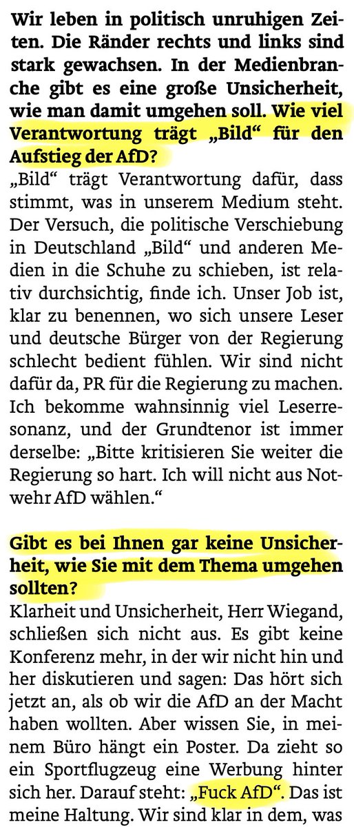 niggi's tweet photo. „Fuck AfD“? „Bild“-Chefin Marion Horn sagt, sie habe sich zu diesem „blöden Spruch“ „provozieren“ lassen. Das ist Bullshit. Der Interviewer @WiegandKressPro hat ihr keine Vorwürfe gemacht (obwohl die berechtigt wären), er hat nur offen gefragt. (1/3) https://t.co/zgp4ymMwhK