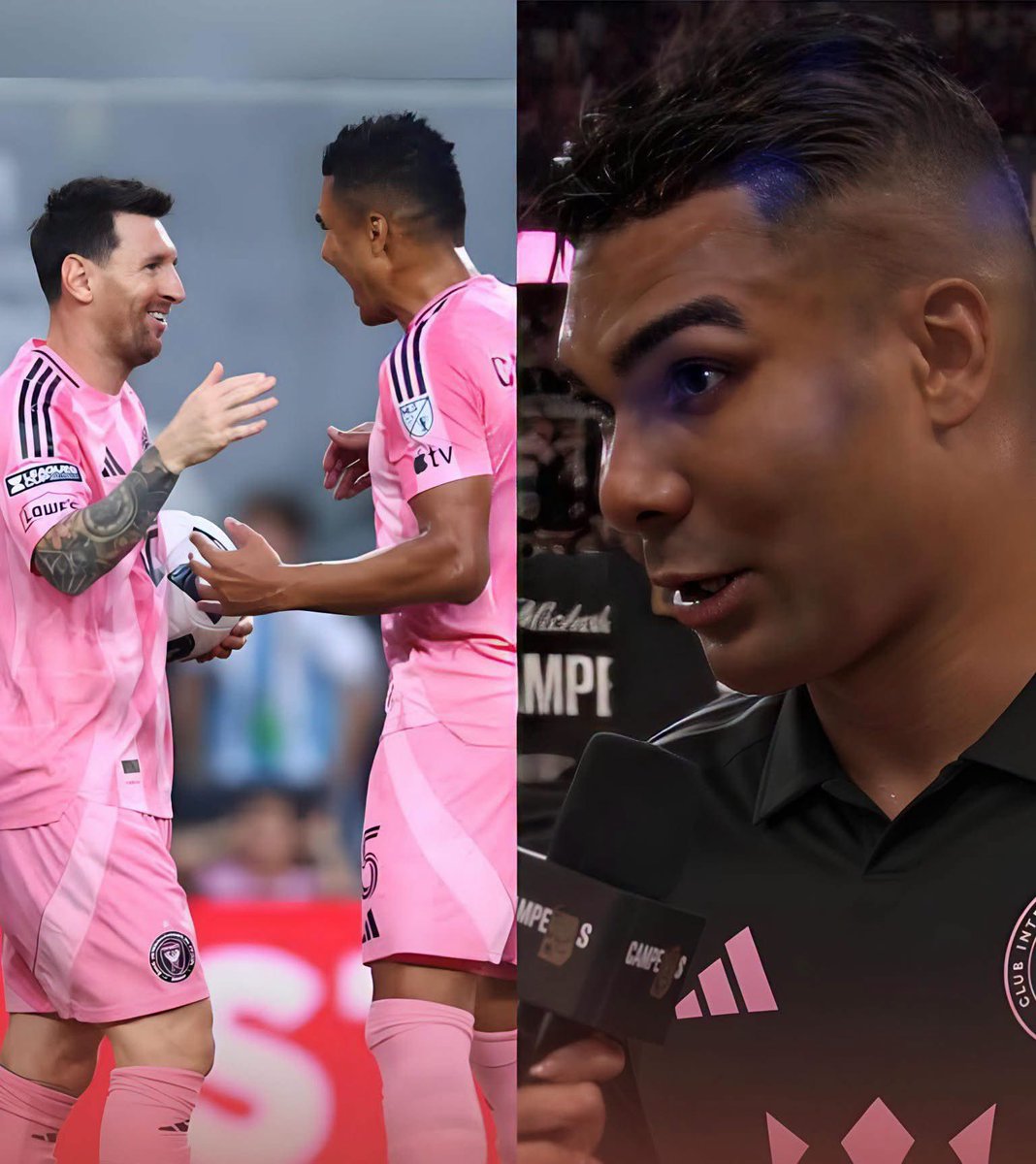 MotivacionesF's tweet photo. 🚨🎙️ ¡CASEMIRO CONTÓ SU DIVERTIDA CONVERSACIÓN CON MESSI! 😂🐐

Después del doblete de Leo ante Atlanta United, el brasileño reveló el increíble intercambio que tuvo con el argentino.

🎙️ Reportero: ¿Qué te dijo Messi después de su segundo gol?

🇧🇷 Casemiro: «Todavía estaba intentando entender su primer gol y, unos minutos después, volvió a marcar. ¡Me preguntaba si realmente tenía 39 años! Tuve que correr lo más rápido posible para celebrar con él».

«Me miró y me dijo: “Case, has estado sólido como una roca últimamente. Tu trabajo organizando nuestra defensa ha sido increíble”. Después me dio las gracias. Y, sinceramente, viniendo de Leo, esas palabras significan muchísimo».

🎙️ ¿Y qué le respondiste?

😂 «Le dije: “No te preocupes, Leo. ¡Iré al infierno defendiéndote!”».

«Me miró como si no pudiera creer lo que acababa de escuchar y después me dio un abrazo enorme».

🇧🇷❤️🇦🇷 «La gente olvida todo lo que he sufrido jugando contra este hombre. Pasé años intentando detenerlo, sabiendo que podía decidir un partido en un solo instante. Ahora tengo el privilegio de estar a su lado en lugar de enfrentarlo».

🐐 «Para mí, es el mejor jugador que ha visto el fútbol».

¡DE SUFRIR A MESSI A TENERLO COMO COMPAÑERO! 😂