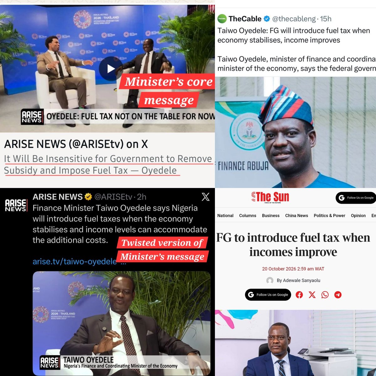 taiwoyedele's tweet photo. 𝐌𝐈𝐒𝐑𝐄𝐏𝐑𝐄𝐒𝐄𝐍𝐓𝐄𝐃 𝐑𝐄𝐌𝐀𝐑𝐊𝐒 𝐎𝐍 𝐅𝐔𝐄𝐋 𝐓𝐀𝐗

In my interview with ARISE News, I was clear: a fuel tax is not on the table. 

"Having removed the fuel subsidy, it would be insensitive for government to impose a fuel tax at this time."

Some online reports have since twisted this message into a claim that government plans to introduce fuel taxes. That is FAKE NEWS.

Please disregard the misleading headlines and watch my remarks on the issue here: https://t.co/lP4eYCoT0a

Watch the full interview here: https://t.co/2bYlg6SOdh