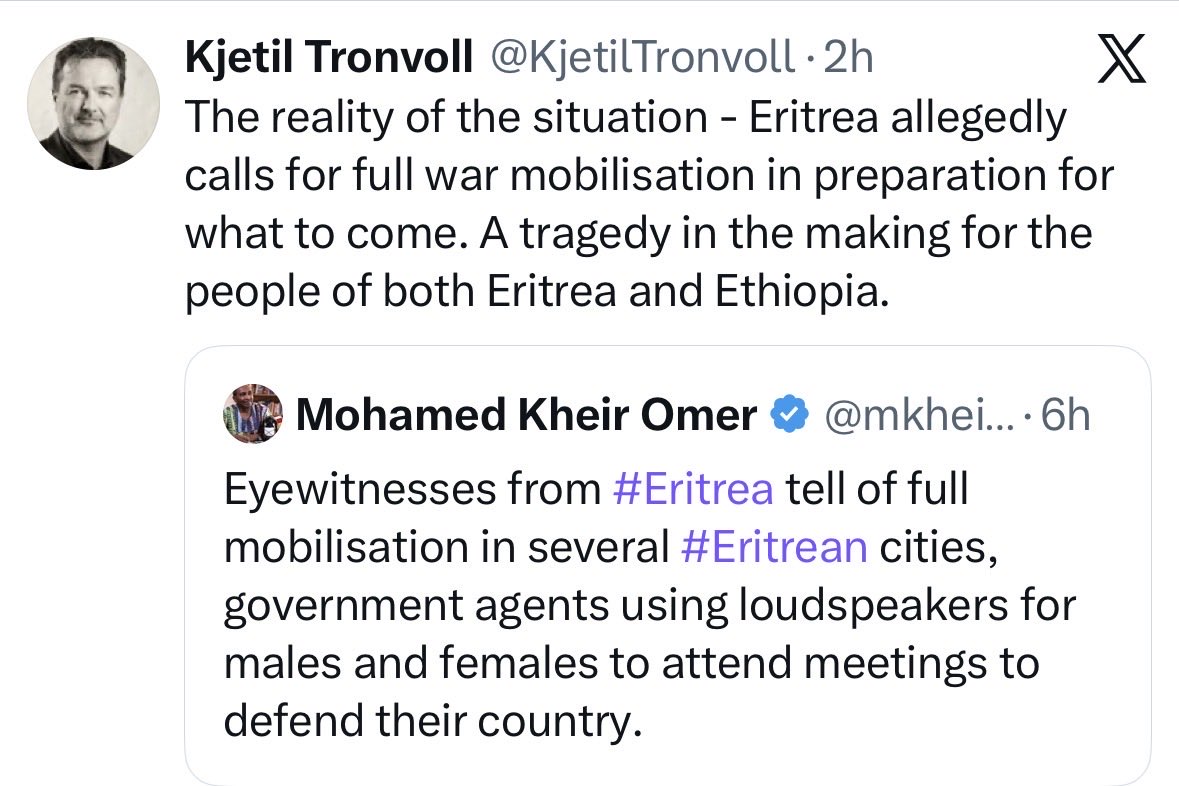 tewerwari_1's tweet photo. #Eritrea is at peace. It seeks no war, no confrontation & no destabilization in our region. Our people in East #Africa are saying “enough is enough”. And yet, war entrepreneurs like @KjetilTronvoll are fabricating complete false information in order to escalate the already tense situation in our region. Doing dirt of @AbiyAhmedAli’s wicked agenda of violating sovereign nations at the expense of millions of people is a crime at the highest level. 

All media outlets shall refrain from spreading false information & I encourage to dissociate from people like Kjetil. 
@StateDept 
@EUSR_Weber 
@antonioguterres 
@MFA_China 
@mfa_russia 
@MFAEgOfficial 
@BBCWorld 
@AJEnglish 
@dwnews