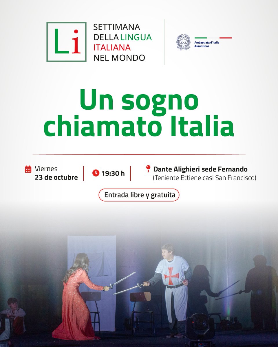 ItalyinPy's tweet photo. 🇮🇹✨La Semana de la Lengua Italiana continúa con “Un sogno chiamato Italia”, una propuesta especial que nos invita a seguir celebrando los lazos culturales entreItalia y Paraguay. https://t.co/9wSuY9D1pi