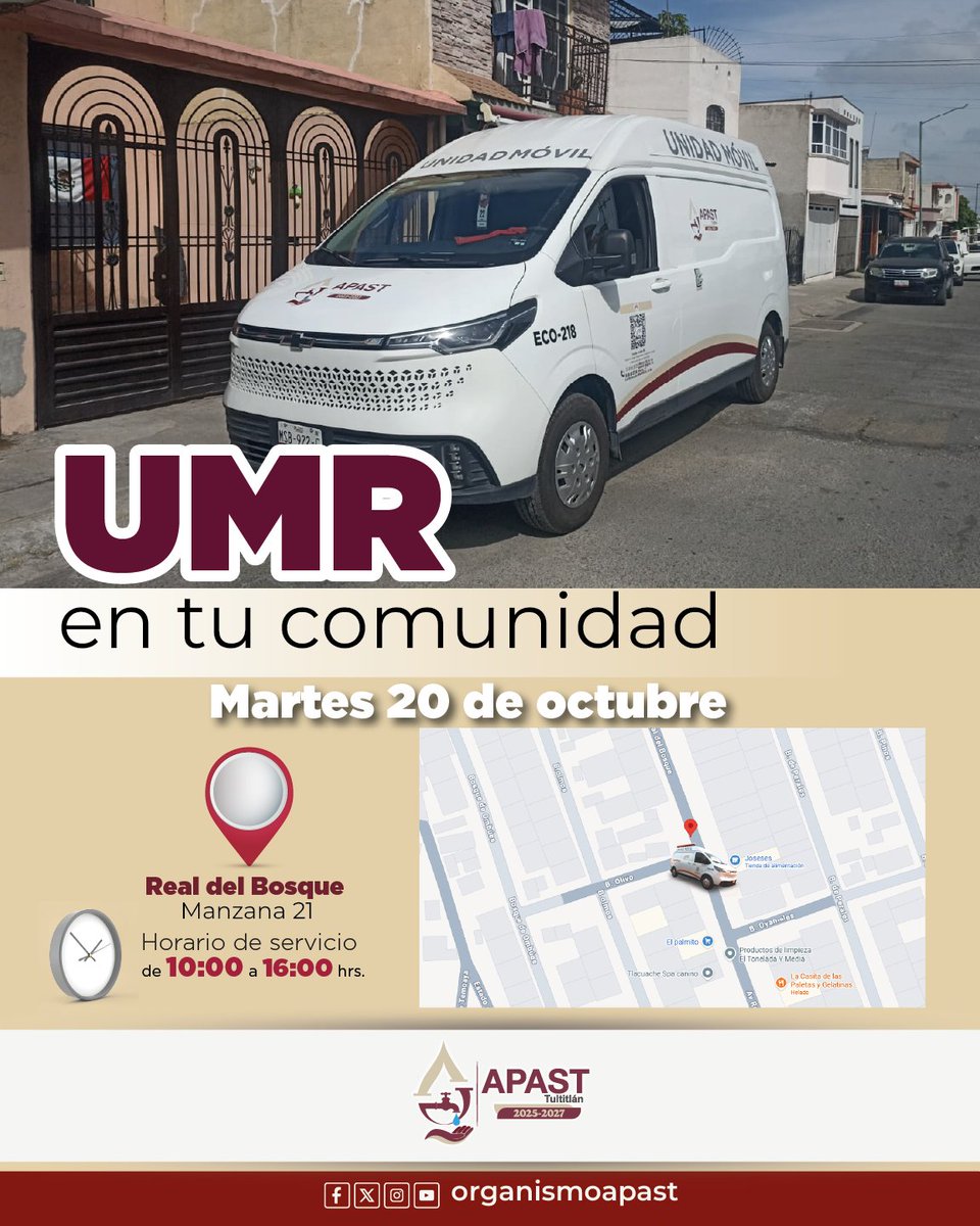 organismoapast's tweet photo. ¡Hoy estamos más cerca de ti!
Nuestra Unidad Móvil de Recaudación se encuentra el día de hoy en:
Real Del Bosque
Ubicación:https://t.co/20D6cXQjrW
Acércate y pregunta por nuestros descuentos vigentes.
¡Aprovecha y ponte al corriente!
#APAST #GobiernoQueTransforma #Tultitlán https://t.co/PKgWbde3Jk