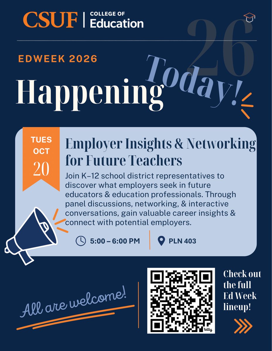 csufcoe's tweet photo. 📣 HAPPENING TODAY! Ed Week 2026 continues! 🧡💙
🍎 Future Educator Expo ⏰ 11 AM–1 PM | 📍 CSUF Quad
🤝 Employer Insights &amp; Networking ⏰ 5–6 PM | 📍 PLN 403
Explore career pathways, connect with educators &amp; build your future!
#CSUF #EdWeek2026 https://t.co/vJdzMBsU4a