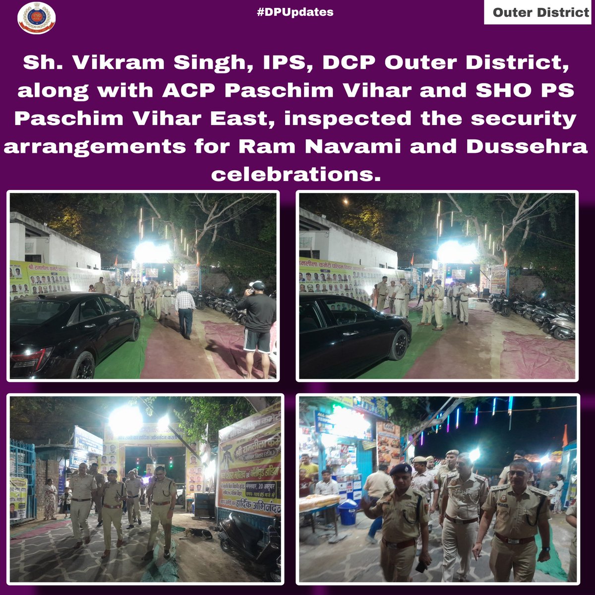 dcpouter's tweet photo. Sh. Vikram Singh, IPS, DCP Outer District, along with ACP Paschim Vihar and SHO PS Paschim Vihar East, inspected the security arrangements for Ram Navami and Dussehra celebrations. Security measures were reviewed to ensure public safety, maintain law and order, and facilitate peaceful festivities.

#DPUpdates #HelloDelhiPolice #HelloPoliceStation @DelhiPolice  @CMODelhi @LtGovDelhi @CPDelhi @gupta_rekha @HMOIndia @PSPVEAST