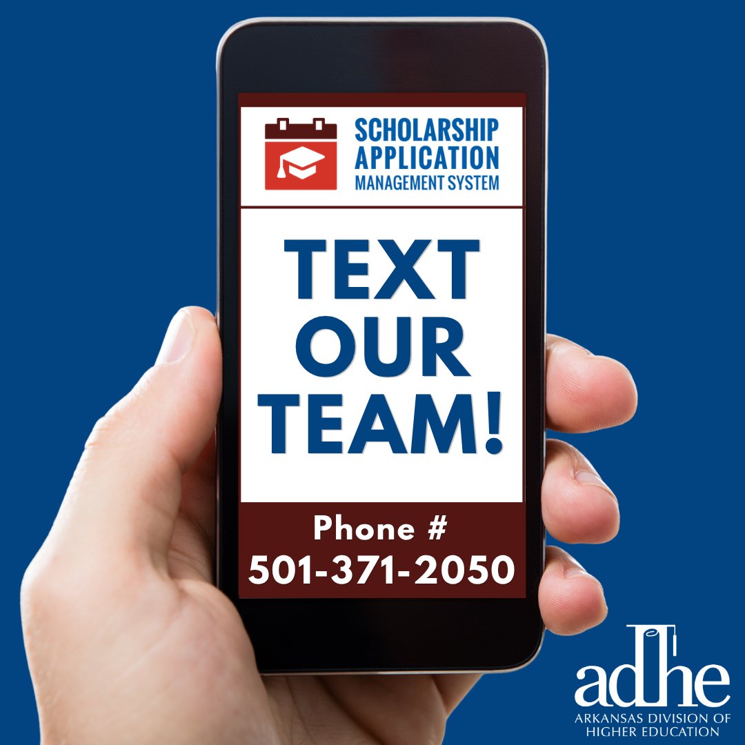 ArkHigherEd's tweet photo. Did you know that you can text us? If you'd rather text than talk and have questions about state scholarships, text us at 501-371-2050, and a member of our team will answer! You can also sign up for text updates and reminders by texting "ADHE" to the same number. https://t.co/cvX1Ppdl60