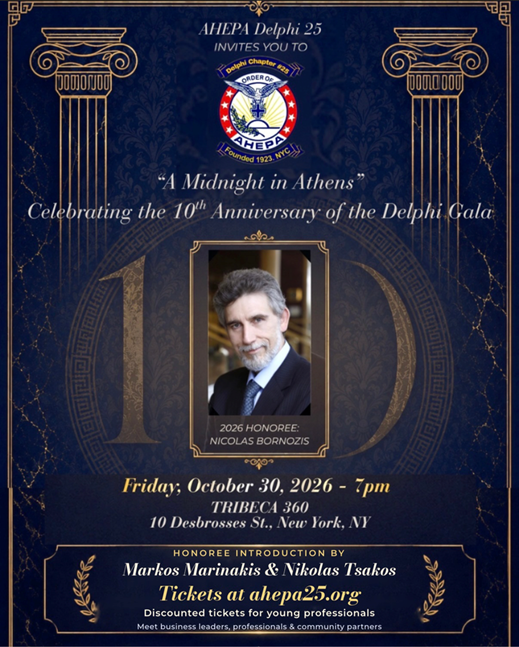 CapitalLink's tweet photo. AHEPA Delphi #25
Manhattan, NYC celebrates 
the 10th Anniversary of the Delphi Gala honoring Nicolas Bornozis

This year we are proud to honor Mr. Nicolas Bornozis, Founder and President of Capital Link, Inc, a pioneer in connecting the Greek business and shipping communities with international capital markets.
Mr. Markos K. Marinakis, President and CEO of Marinakis Chartering Inc and Dr. Nikolas P. Tsakos, Founder & CEO – TEN Ltd. (NYSE: TEN); Chairman – INTERTANKO (2014-2018) will introduce Mr. Nicolas Bornozis.

Tickets Here: https://t.co/X3yBGR0rVz
