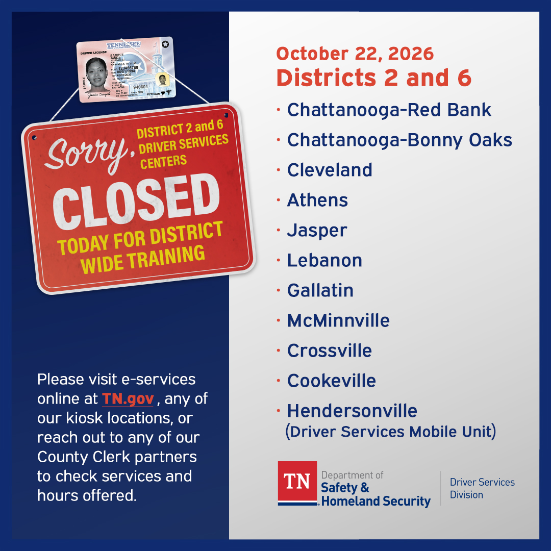 TNDeptofSafety's tweet photo. The following driver services centers will be closed today to allow our examiners to attend training. Our county clerk partners and kiosks will be available in addition to our online services.

For location information: https://t.co/Qu5ezgq1O4 https://t.co/4v8GQdi9JY