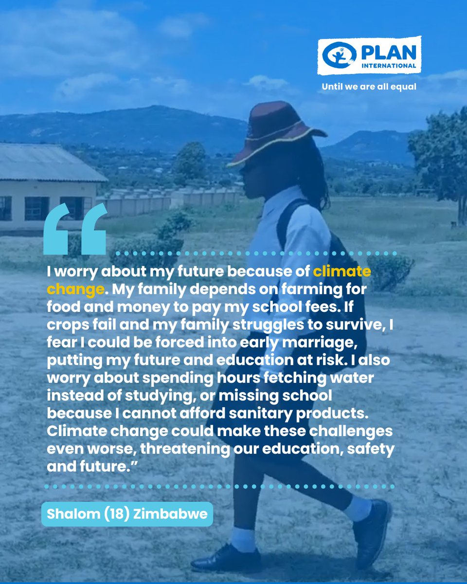 PlanZimbabwe's tweet photo. Climate shocks in Zimbabwe threaten girls’ education, health and safety.

“I fear I could be married off so my family and siblings can eat…” — Shalom, 18

Girls’ futures must not be determined by climate change. 🌍

📖 Read #StateOfTheWorldsGirls Report 2026: Forecast. https://t.co/gkPY5q9m9B