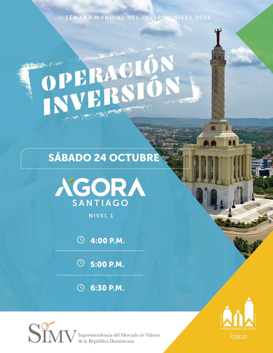 SIMVRDO's tweet photo. 🚨 ¡Ciudad Corazón, prepárate! Operación Inversión va rumbo a Santiago. 🔎

Luego de vivir en Santo Domingo días de intriga, aprendizajes y decisiones importantes, Operación Inversión continúa su recorrido.

Esta vez, el expediente se abre en Santiago. Ven con toda tu familia y descubre de una manera diferente y divertida, por qué, cuando se trata de invertir, cada decisión cuenta.

🔐 Te esperamos este sábado 24 de octubre | Ágora Mall Santiago, Nivel 1.
⏰ Funciones: 4:00 p. m., 5:00 p. m. y 6:30 p. m.

Libre acceso.

#WIW #EducaciónFinanciera #SIMV #OperaciónInversión
