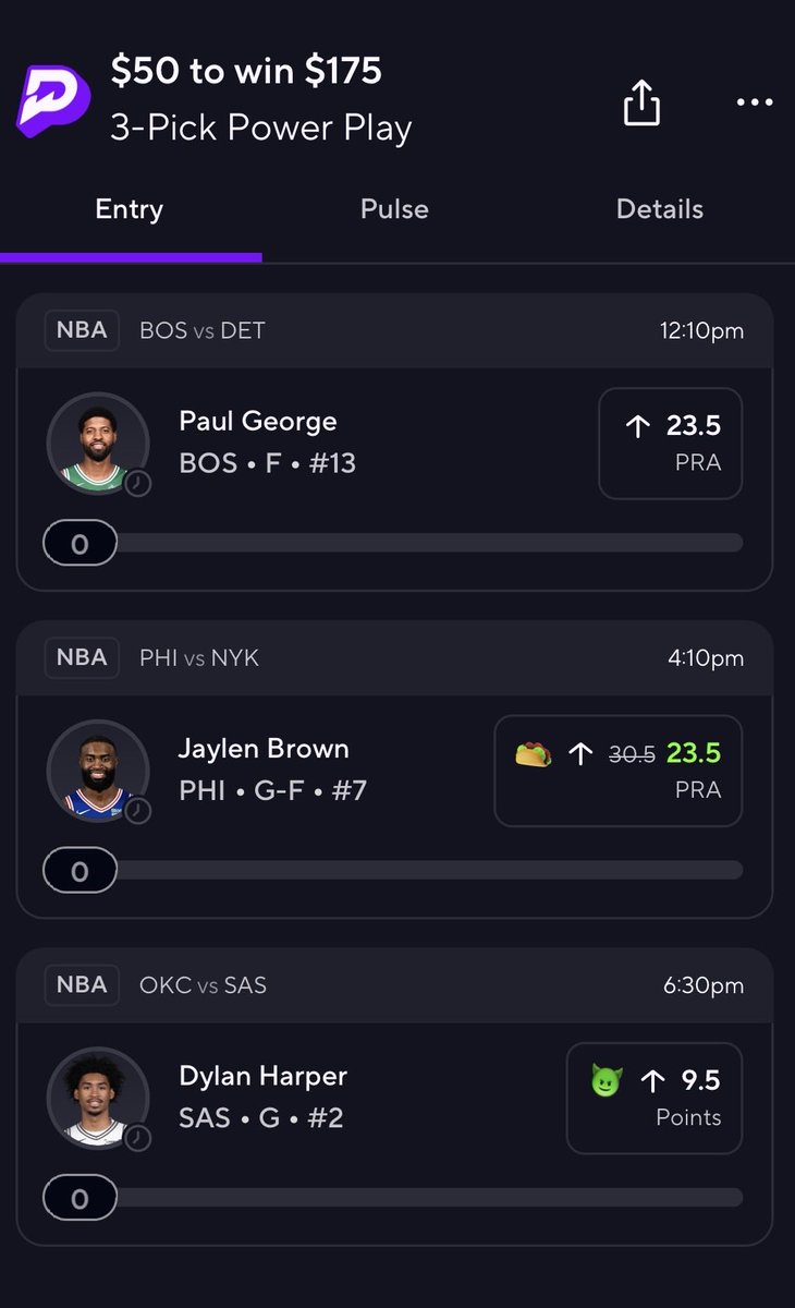 Sensei_Parlay's tweet photo. 🚨 TACO TUESDAY DROP 🚨

NBA season opener today! 

🎯 SLIP 1 | $50 → $175
🏀 Paul George MORE 23.5 PRA
🌮 Jaylen Brown MORE 23.5 PRA
🏀 Dylan Harper MORE 9.5 Points 👹

🎯 SLIP 2 | $50 → $200
🎮 jambo MORE 30.5 Kills (Maps 1–2)
🏀 Paul George MORE 16.5 PRA 👹
🌮 Jaylen Brown MORE 23.5 PRA
🏀 Dylan Harper MORE 17.5 PRA 👹

Jaylen Brown’s discounted line anchors both slips as we look to capitalize on Taco Tuesday! 🌮🔥

LOCK IN! 🔥💵

#PrizePicks #PrizePicksPicks #TacoTuesday #TacoPicks #NBA #NBAPicks #NBABetting #JaylenBrown #PaulGeorge #DylanHarper #Celtics #76ers #Spurs #CS2 #CounterStrike2 #EsportsBetting #PlayerProps #SportsBetting #ParlayPicks #SenseiParlay