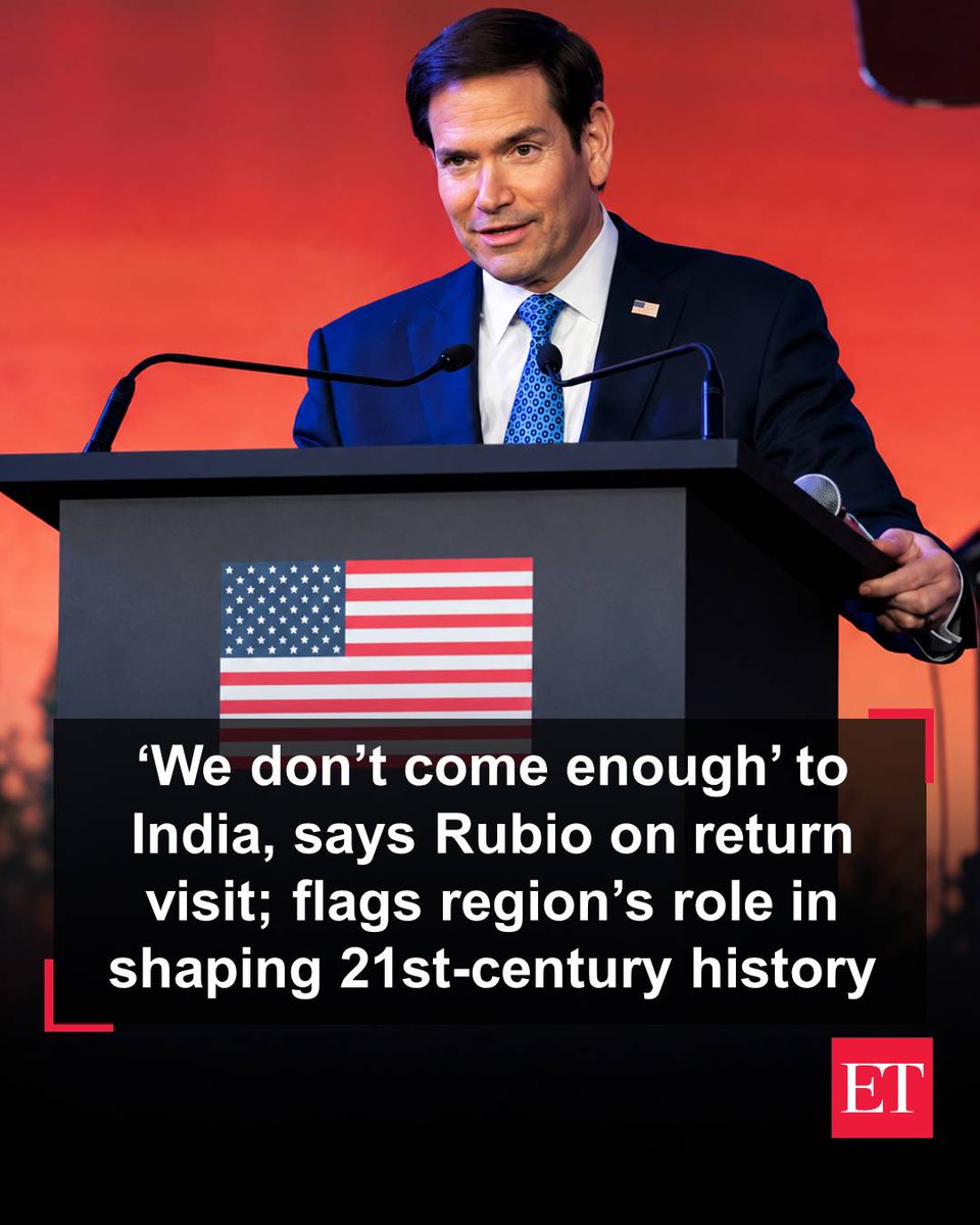 EconomicTimes's tweet photo. "We don't come enough to India," says Rubio | US Secretary of State Marco Rubio said he believed Washington should visit India more often, using a question about his return to the country just four months after his previous visit to underscore India's importance as a geopolitical partner and the region's growing influence over the course of the 21st century. Full Report Here 👇
https://t.co/hhGDsno3uk

#India #US #Diplomacy #MarcoRubio #Geopolitics #ForeignPolicy