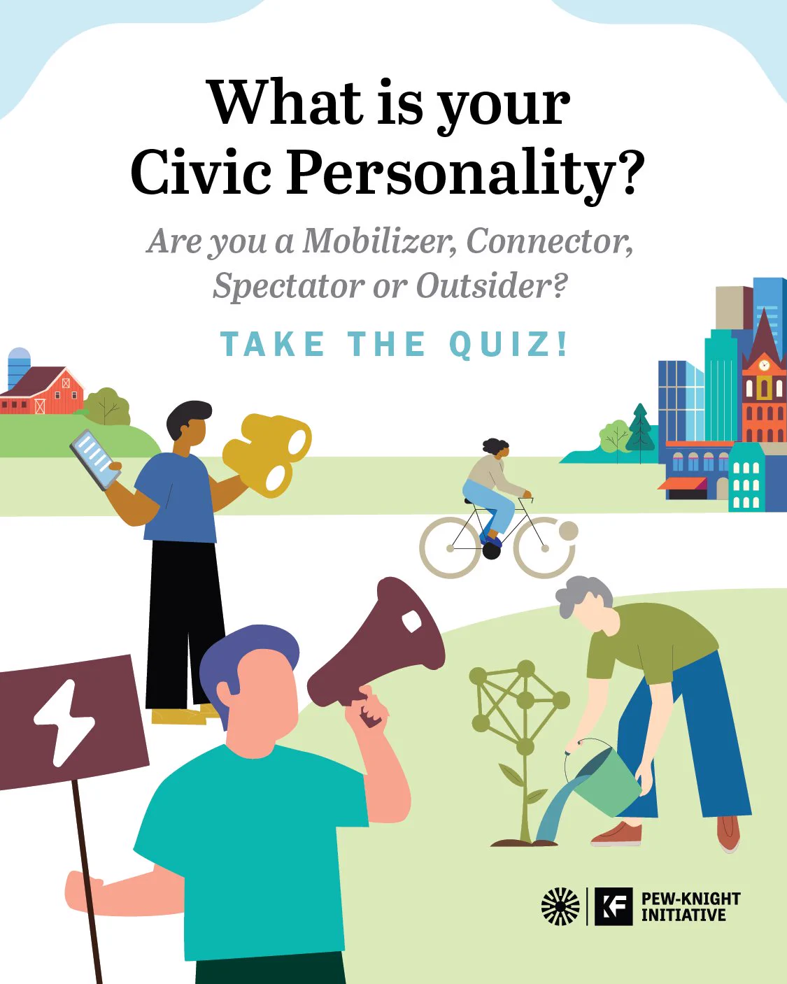 Illustration of a town street with citizens demonstrating, watering a plant, reading, and riding a bike. Text overtop reads "What is your Civic Personality? Are you a Mobilizer, Connector, Spectator or Outsider? Take the quiz!" 