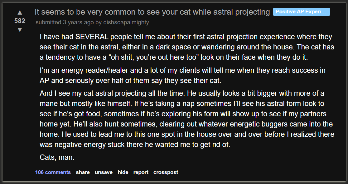 _SatanWatch's tweet photo. Worth mentioning here that people encountering their cats on the higher planes is a common theme in the Astral Projection subreddit https://t.co/mAIPQHiYGX