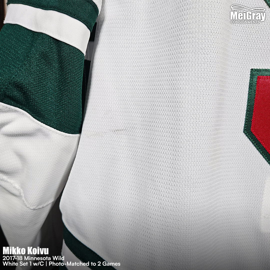 MeiGray's tweet photo. A Minnesota Wild legend  🏒 

Take a look at this White Set 1 w/C jersey worn by Mikko Koivu during the 2017-18 season. The jersey has been photo-matched to two games: against the Washington Capitals on Nov. 18, when he recorded an assist, and the Buffalo Sabres on Nov. 22, when he added two more. 📅

Koivu finished the season with 45 points (14 G, 31 A) in 82 games. He played 15 of his 16 NHL seasons with Minnesota and recorded 709 of his 711 career points with the Wild, making him the franchise’s all-time leading scorer. 🌟

The team retired his No. 9 on March 13, 2022, making him the first player in franchise history to receive the honor. This jersey is available on consignment at https://t.co/pxFg2et84Y. 🖥️

🔗:https://t.co/z1J6bk1oAo