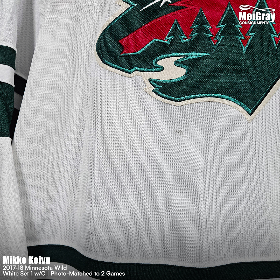 MeiGray's tweet photo. A Minnesota Wild legend  🏒 

Take a look at this White Set 1 w/C jersey worn by Mikko Koivu during the 2017-18 season. The jersey has been photo-matched to two games: against the Washington Capitals on Nov. 18, when he recorded an assist, and the Buffalo Sabres on Nov. 22, when he added two more. 📅

Koivu finished the season with 45 points (14 G, 31 A) in 82 games. He played 15 of his 16 NHL seasons with Minnesota and recorded 709 of his 711 career points with the Wild, making him the franchise’s all-time leading scorer. 🌟

The team retired his No. 9 on March 13, 2022, making him the first player in franchise history to receive the honor. This jersey is available on consignment at https://t.co/pxFg2et84Y. 🖥️

🔗:https://t.co/z1J6bk1oAo