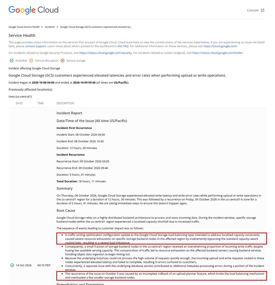 the_holyheights's tweet photo. Unpopular opinion: your next outage will start as a fix.

Google's report on 18h of Cloud Storage errors: an "optimization" bypassed capacity-aware routing, then an incomplete rollback brought it back the next day.

Config changes: canary like code, or fast-path? #SRE #DevOps https://t.co/xJHi0CQ9ox