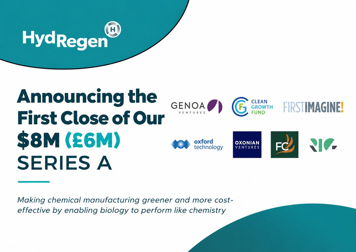 johncumbers's tweet photo. The one and only @drjennyrooke and @genoaventures are leading an $8M (£6M) Series A for @HydRegen_Oxford, a company that swaps precious-metal catalysts in chemical plants for enzymes, cutting manufacturing costs by up to 40% without changing the equipment.

As CEO and co-founder @HAReeve puts it, they let manufacturers “change the catalyst without changing the factory.”

Here’s how it works. They produce a hydrogenase enzyme through fermentation and turn it into catalysts that drop into existing chemical plants. No new reactors. No rebuilt facilities. One enzyme can drive hundreds of different hydrogenation reactions, and each catalyst turns over millions of times.

Why it matters:
→ Hydrogenation is part of 14 to 20% of processes in the trillion-dollar industrial chemicals market
→ Up to 40% cost savings for manufacturers
→ Lower carbon emissions
→ Already working with pharma and specialty chemical customers
For years, industrial biology has asked manufacturers to change too much at once. HydRegen goes the other way and fits into what plants already run.
The new capital goes toward expanding into agrochemicals, materials, and bulk chemicals.
Huge congrats to Holly and the whole HydRegen team, and to Jenny and Genoa for leading.
Great to see @CleanGrowthFund and First Imagine! Ventures in the round, along with @OxfordTechVC, @rapidinnovation, Oxonian Ventures, Headington Holdings, and Foxglove Capital.

Biology is starting to compete with chemistry on chemistry’s terms. This is what that looks like.

#SynBio #Biomanufacturing