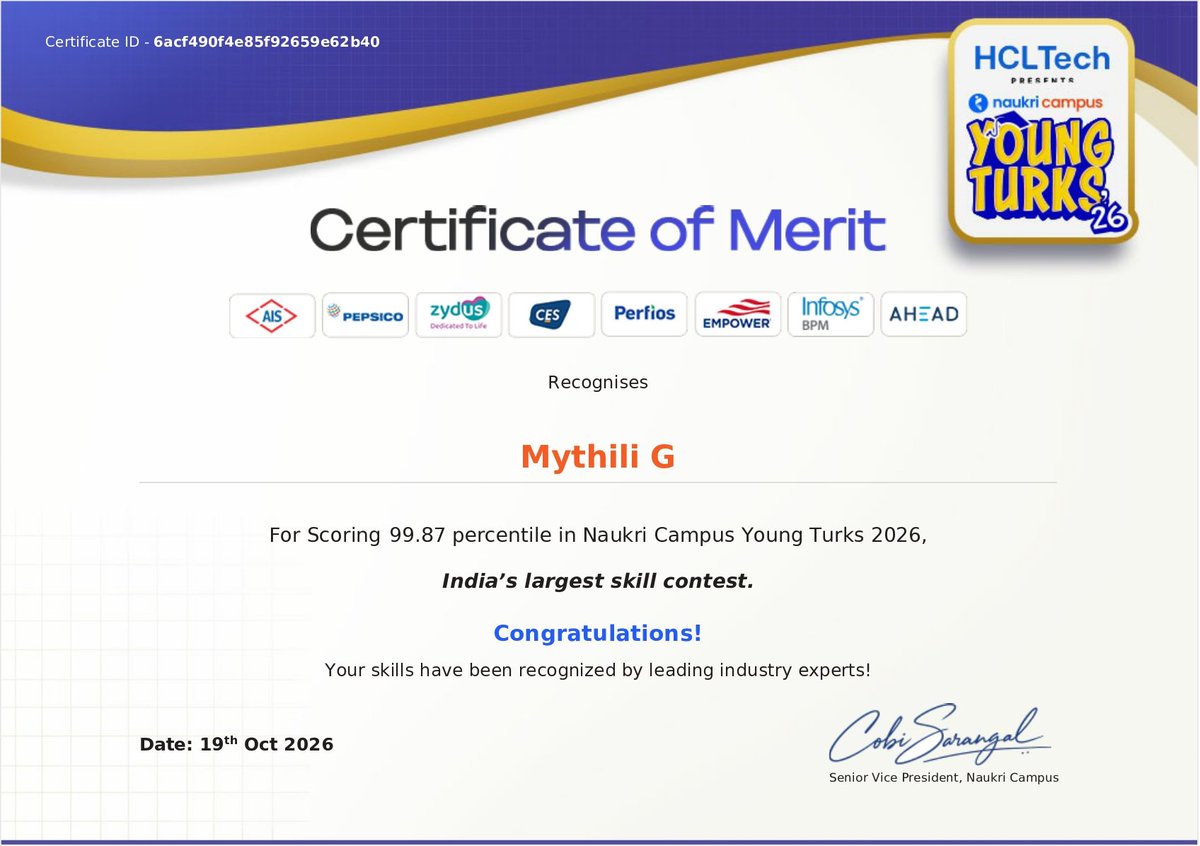 MythiliGaneshh's tweet photo. Scored in the 99.87 percentile in Naukri Campus Young Turks 2026, India’s largest skill contest! 🏆✨
  
Grateful to receive this Certificate of Merit presented by HCLTech. Consistent practice really pays off! 🚀  
Did you participate this year? 👇

 #YoungTurks2026 #TechTwitter https://t.co/SGVPuQkXjP