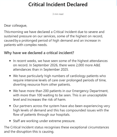 ShaunLintern's tweet photo. Nottingham hospitals has declared a critical incident today with 200 patients in A&amp;E and 100 waiting to be seen: https://t.co/Wx5bgPVbHw