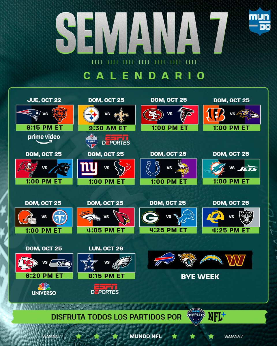 MundoNFL's tweet photo. "Bonjour", semana 7! 📆🏈🇲🇫

Este es el calendario del próximo fin de semana de la NFL, que aterrizará por primera vez en París.

#MundoNFL https://t.co/cFtlNm0on8