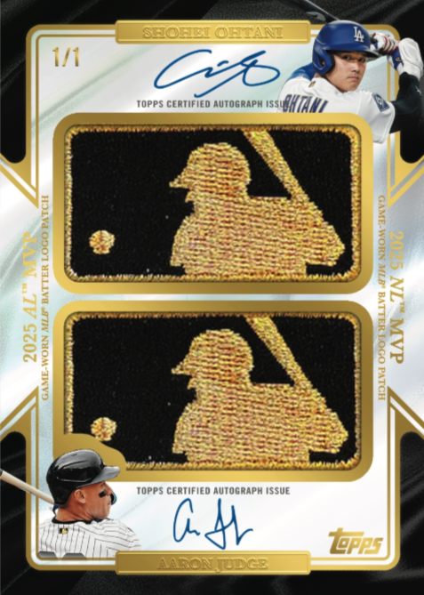 SportsCardInv's tweet photo. What will it sell for? 🤔

The 2026 Topps Chrome Dual MVP Shohei Ohtani Aaron Judge Gold MLB Logoman Patch Auto 1/1 is live on Fanatics Collect and has a bid of $650K with just 2 days left in the auction 👀 https://t.co/k6bW6gvjUm