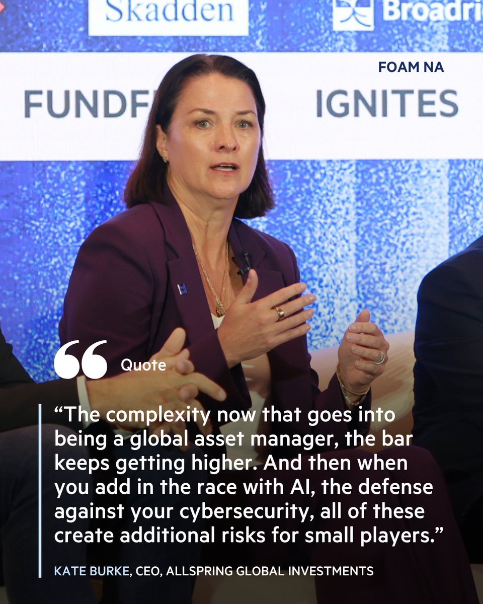 ftlive's tweet photo. At #FTFOAM, Kate Burke, CEO of @Allspring, discusses how rising complexity, AI and cybersecurity demands are creating new challenges for the industry. https://t.co/JuIEgMwqZL
