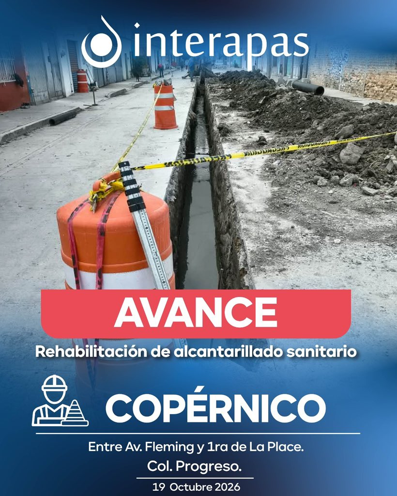 Interapas's tweet photo. 🚧 Seguimos renovando la red sanitaria en la calle Copérnico, colonia Progreso.

Con estos trabajos mejoramos las condiciones de la infraestructura de drenaje para brindar un servicio más eficiente y beneficiar a las y los vecinos de la zona. 💧

#ObrasPrioritarias https://t.co/08FcaahT9M