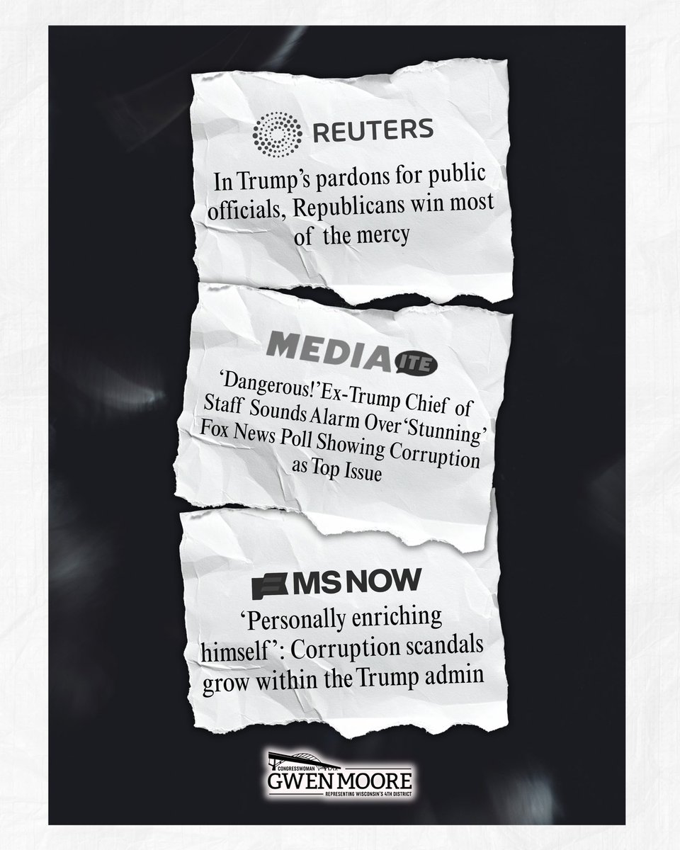 A political graphic shows three torn-paper news headlines stacked against a dark background, with a congressional representative’s name and logo at the bottom. The paper clippings feature news outlet branding and text.