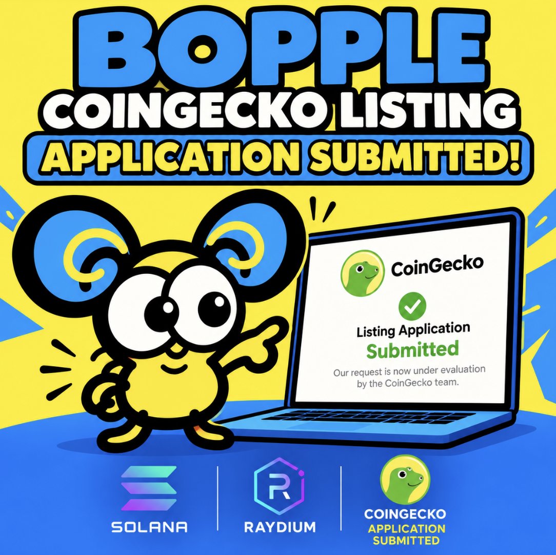boppleverse's tweet photo. 🚨 BOPPLE JUST TOOK ANOTHER BIG STEP.

The BOPPLE ($BOPPLE) CoinGecko listing application has officially been submitted. 🐝

Our request is now under evaluation by the CoinGecko team.

This is NOT a claim that we're listed yet.

It means we're officially in the process. ✅

🌐 Solana
💧 Raydium
🌍 Boppleverse
📊 CoinGecko application submitted

The goal is simple: keep building BOPPLE into something people actually want to discover, collect, trade and be part of.

One step at a time.

BOPPLE is moving. 🐝

#BOPPLE #CoinGecko #Solana