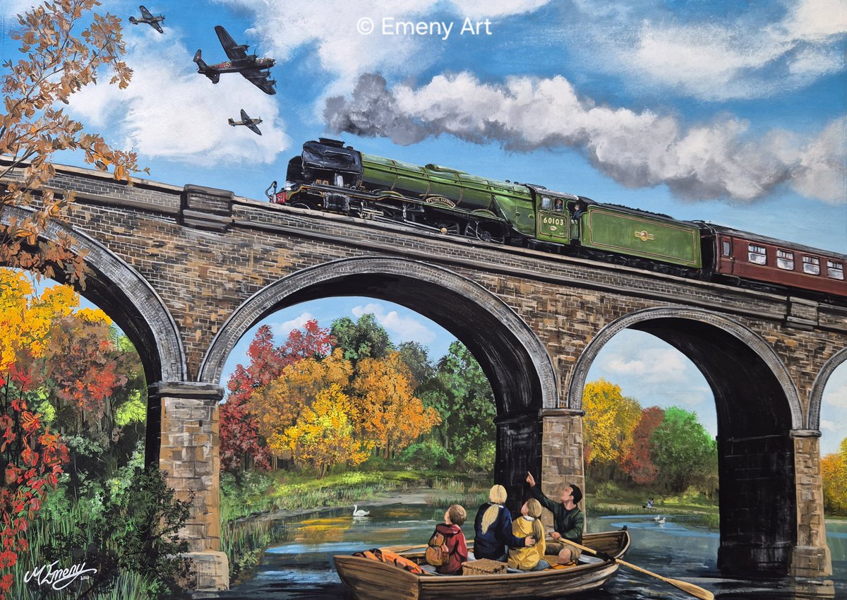 EmenyMatthew's tweet photo. My latest painting "Flypast for Flying Scotsman" Read scene details here:
 https://t.co/wRfvvaz8vz

#flyingscotsman #bbmf
#avrolancaster #hawkerhurricane #supermarinespitfire #nationalrailwaymuseum

Together in one scene; a classic meeting of the finest in British engineering. https://t.co/rwumv3a4PH