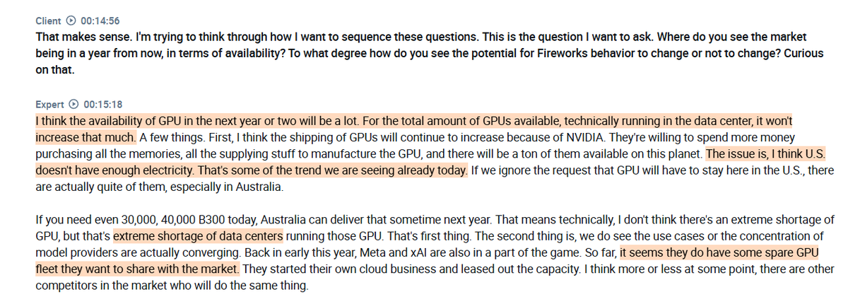 pequityresearch's tweet photo. Expert Takeaways: Data Centers

1. Open-Source Models Closing the Gap

> Open-source models are catching up to state-of-the-art frontier models faster than expected, driven by lower costs and improved performance.

> Starting in Q2, customers began replacing Anthropic and OpenAI models with open-source alternatives (such as Qwen variants like Composer 2.5).

> The transition started with basic tasks like tool calling and Model Context Protocol (MCP) and has advanced to low-level agent orchestration (e.g., parallel code searches).

2. Compute Capacity & Latency Bottlenecks

> Demand is constrained by GPU capacity, with some companies experiencing 5x traffic growth.

> Capacity shortages are most acute in the U.S., where strict latency requirements prevent companies from shifting workloads overseas to regions with available supply (e.g., Singapore, Malaysia, Australia).

3. Compute Provider Ecosystem Dynamics

> AWS, GCP, Azure, and Oracle offer reliability but are expensive, require long-term commitments (3+ years), and lack immediate availability for late-generation hardware (such as NVIDIA B300s).

> Companies host 80–90% of their capacity with neoclouds (e.g., CoreWeave, Lambda Labs, Nebius) due to cost flexibility. However, neoclouds suffer from reliability issues (e.g., unexpected GPU drop-offs from networking failures or Blackwell overheating), requiring ongoing engineering resources to manage fleet stability.

> Small operators leasing GPU racks (typically ~4,000 GPUs) attempt to recoup investments within 1–2 years. In practice, they are often unusable due to a lack of cloud management, infrastructure maintenance, and operational expertise.

4. Supply Dynamics & Industry Bottlenecks

> While NVIDIA continues to scale GPU production, the true limitation in the U.S. is power/electricity supply and data center infrastructure, rather than physical GPU availability.

> Major model developers and players with spare capacity are beginning to lease out their idle GPU fleets directly to the market.

5. Payment Terms & Financial Structures

> U.S.-based neoclouds generally require 20%–30% upfront prepayment, with the remainder paid monthly or quarterly, and rebates negotiated at term completion for SLA/traffic disruptions.

> Providers in the APAC region operate under more lenient terms, requiring no prepayment upfront.

Great work from @RihardJarc 

$GOOGL $AMZN $META $MSFT $NVDA $ORCL
