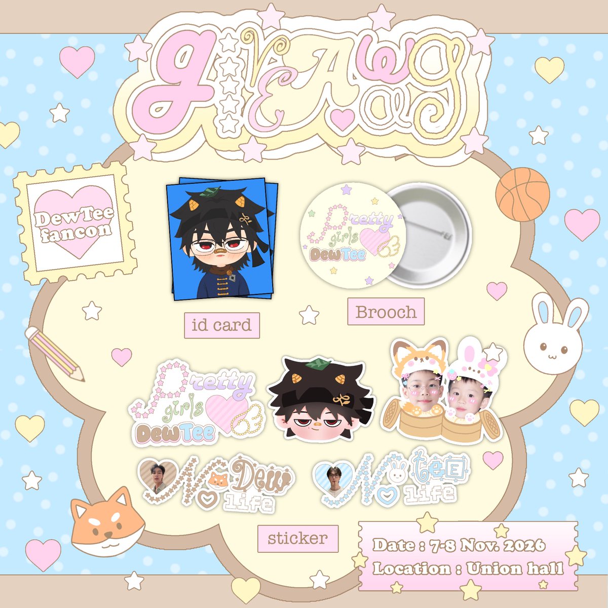 onyourkrtp's tweet photo. giveaway  #DewTeeFancon — 🦊🐰

Date : (07 ,08 nov)
ꔛ sticker 5 ea per 1 set
ꔛ ID photo renjin 1 ea
ꔛ Brooch “pretty girls♡DewTee” 1 ea

⏱️ tba 
🗺️ @ union hall, union mall 

 ◟̊₍ꃓ₎◞  rt &amp; show this tweet 
keyword : ‘ชินแล้วครับ’ 🫵🏻

#dewtee #dew_jsu #tee_vtp https://t.co/nfXZkPWQYk