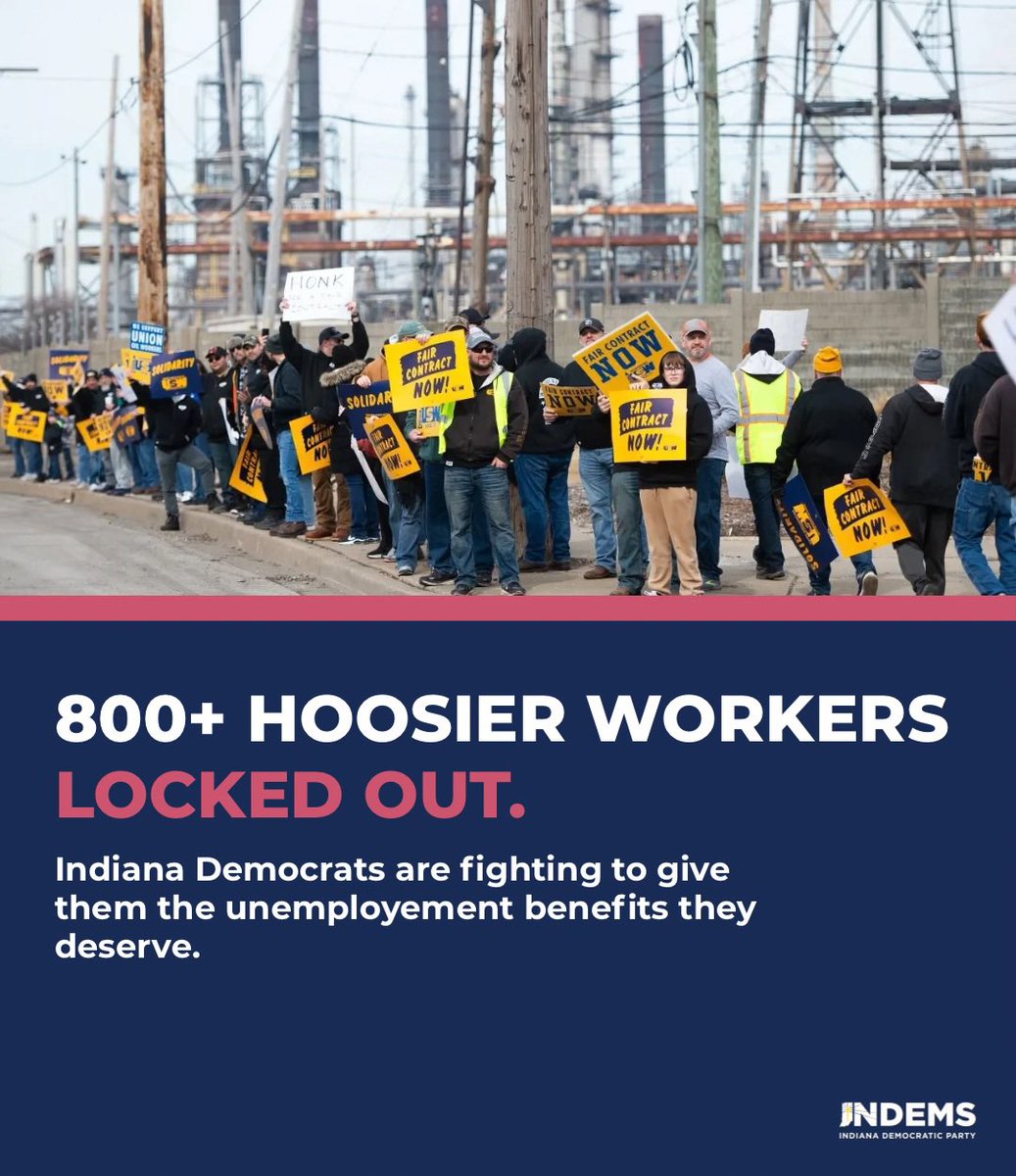 INDems's tweet photo. British Petroleum is trying to starve Hoosier families, even pushing to strip what little unemployment benefits its locked out workers were awarded. That’s why IN Democrats are fighting to guarantee unemployment insurance for @steelworkers 7-1 &amp; all locked out Hoosier workers. https://t.co/ArKNPM0uaf