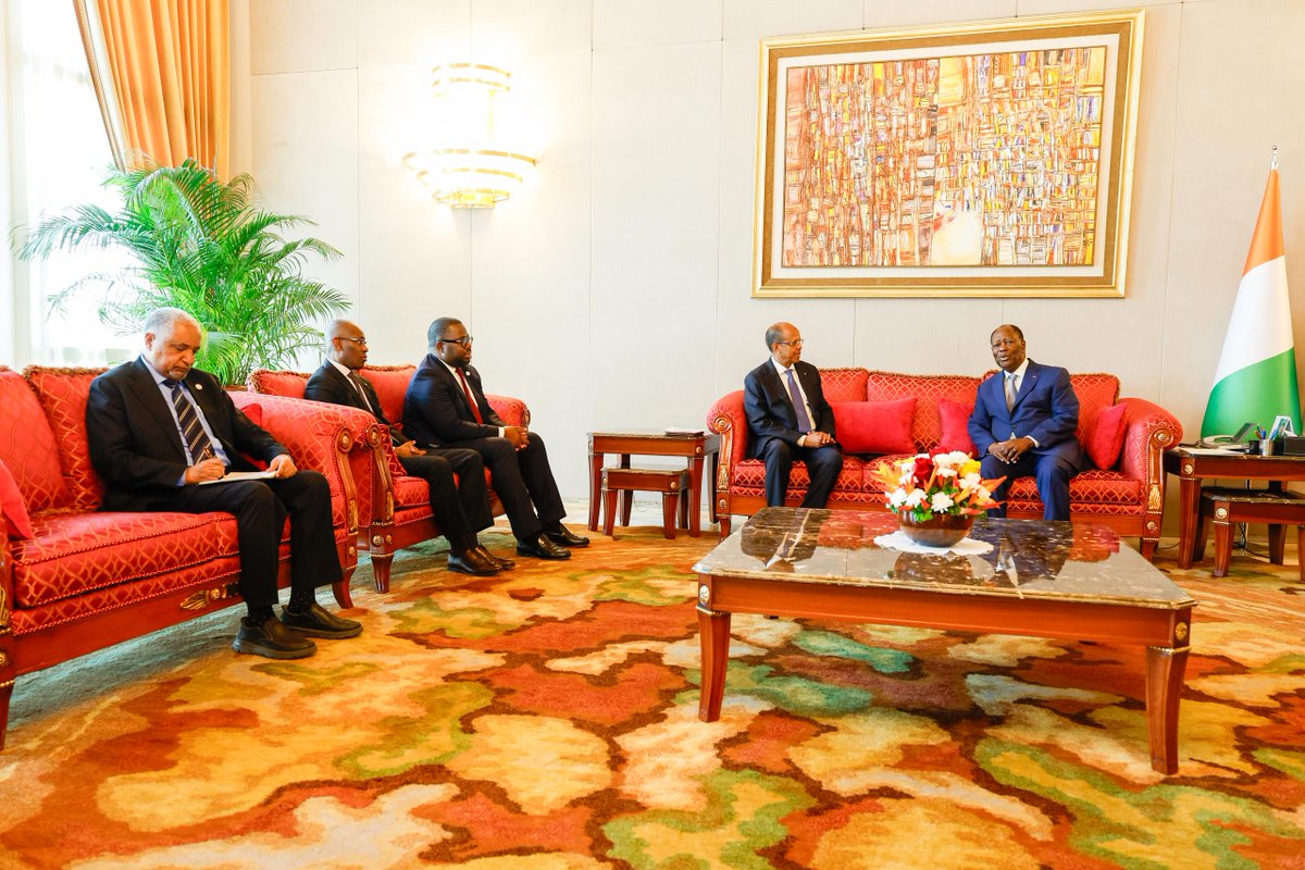 _AfricanUnion's tweet photo. The Chairperson of the African Union (AU) Commission, H.E. Mahmoud Ali Youssouf, was received by H.E. President Alassane Ouattara at the Presidential Palace in Abidjan. Their consultations focused on key continental priorities, including peace & security, regional integration, sustainable financing of the AU, & Africa’s role in a changing global order.

The Chairperson @ymahmoudali commended President @AOuattara_PRCI leadership & his longstanding commitment to the AU’s Agenda 2063, recognising Côte d’Ivoire’s important contribution to advancing continental integration & development.

On peace & security, they exchanged views on developments in the Sahel, the eastern Democratic Republic of the Congo (DRC), & the growing regionalisation of conflicts. The Chairperson underscored the need for African-led solutions, enhanced regional cooperation, & a stronger continental peace & security architecture. He reaffirmed the importance of restoring constitutional order in countries affected by unconstitutional changes of government, stressing that suspension from AU activities must not mean abandoning their populations or interrupting development cooperation.

On economic integration, their discussions highlighted the urgency of accelerating implementation of the African Continental Free Trade Area (AfCFTA), addressing non-tariff barriers, harmonising customs procedures, improving infrastructure, & facilitating the movement of goods & people across borders. Strengthening regional value chains & expanding intra-African trade remain essential to unlocking Africa’s productive potential & deepening economic integration.

The Chairperson also underscored the importance of the African Credit Rating Agency in enhancing the credibility & visibility of African economies through robust, context-sensitive assessments, helping to address misperceptions & improve Africa’s access to international capital markets.

Against a backdrop of growing geopolitical uncertainty, the meeting reaffirmed the urgency of mobilising domestic resources & strengthening the AU’s financial autonomy to enable the continent to take greater ownership of its priorities and development agenda.

President Ouattara commended the AU’s leadership & the Chairperson’s efforts, reaffirming Côte d’Ivoire’s continued support for an Africa that takes greater responsibility for its own peace, security, & development. He emphasised the importance of leveraging the continent’s resources, expertise, & institutions to shape its future & secure its rightful place in global affairs.

Earlier in the morning, at the opening of the 3rd Abidjan Border Forum, the Chairperson called for Africa’s borders to become bridges for peace, security, prosperity & continental integration.

He urged Member States to ratify the Niamey Convention & the Protocol on Free Movement of Persons, while strengthening cross-border cooperation to combat terrorism, trafficking & organised crime.

He also underscored the need for modernised border posts, simplified customs procedures & closer ties among communities are essential to advancing AfCFTA & realising Agenda 2063.

Read @ https://t.co/2MPy1rtZgi