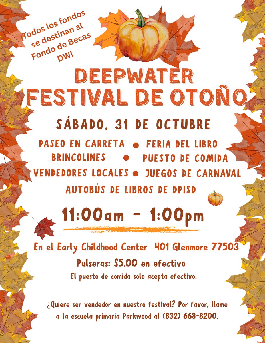 DPISD's tweet photo. The Deepwater-area schools are hosting their annual Deepwater Fall Festival this weekend!

The event is scheduled for Saturday, Oct. 31, at the Early Childhood Center, 401 Glenmore in Pasadena.

See the attached flyer for more details. https://t.co/dshRIgj8GB