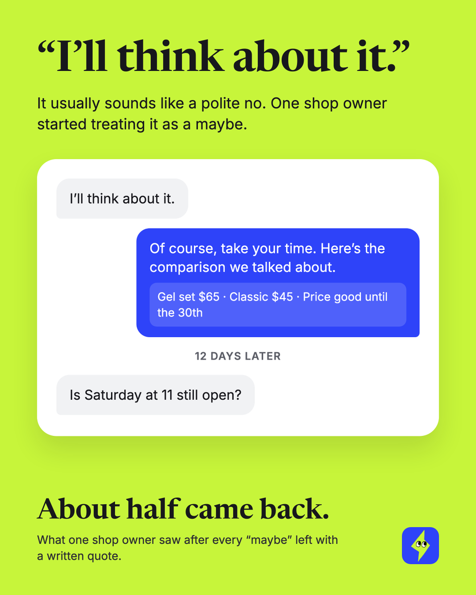empacer_ai's tweet photo. When a customer says “I’ll think about it,” one shop owner stopped treating it as a polite no. Now the customer leaves with something specific to think about, a written quote or a short comparison. About half of them come back within two weeks. https://t.co/rtmjoDG2ll