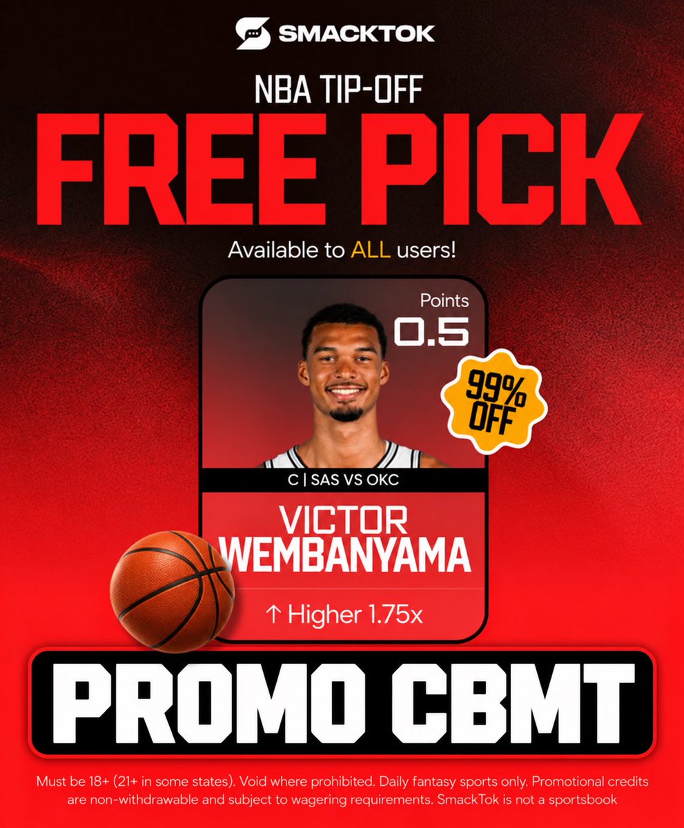 CBMTANALYTICS's tweet photo. 🏀 NBA TIP-OFF FREE PICK!

Victor Wembanyama HIGHER than 0.5 points 🔥

SmackTok’s offer is available to ALL users! Use promo code CBMT and get in on the action.

#NBA #SmackTok #CBMT https://t.co/cc4eoyEfiP