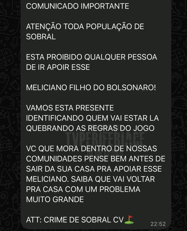 Alisson_2018's tweet photo. @rafaelgloves O CV divulgou um comunicado aos apoiadores de Flávio em Sobral/CE

Segundo eles está proibido qualquer tipo de apoio ao candidato a mensagem alerta que pessoas que participarem de eventos relacionados a ele e morarem em áreas controladas pela facção poderão sofrer represálias. https://t.co/pG1fv4Ekja
