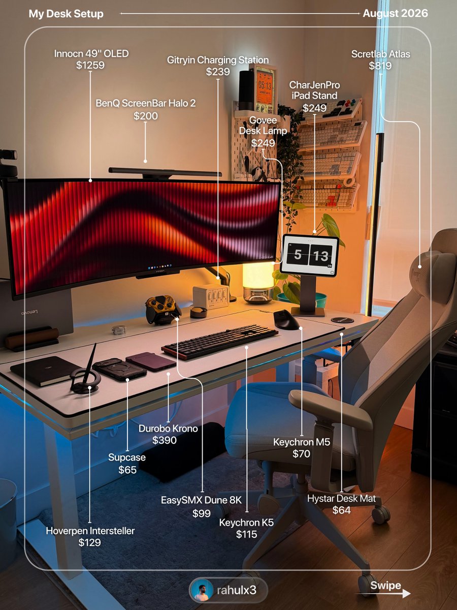 atzlervincntwp's tweet photo. Ending August in warm colors! This month was incredibly busy, yet flew by. The biggest upgrade was the Atlas chair, with unique touches from Novium, ergonomic keyboard and mouse upgrades from Keychron, and a new IKEA pegboard. Comment “Setup” for https://t.co/4ijKhSdfCk