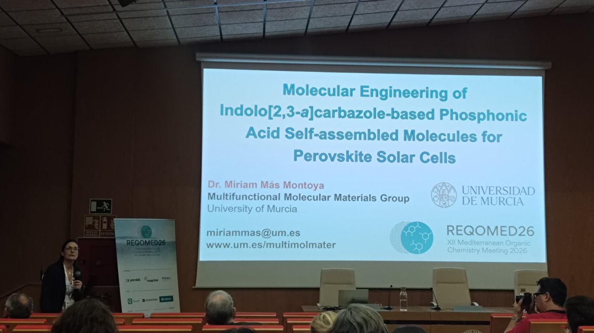 REQOMED26's tweet photo. Dr. Míriam Más from @UMU talks about indolo carbazole based phosphonic acid self asembled molecules
#reqomed2024 https://t.co/5gn7WN9x9B