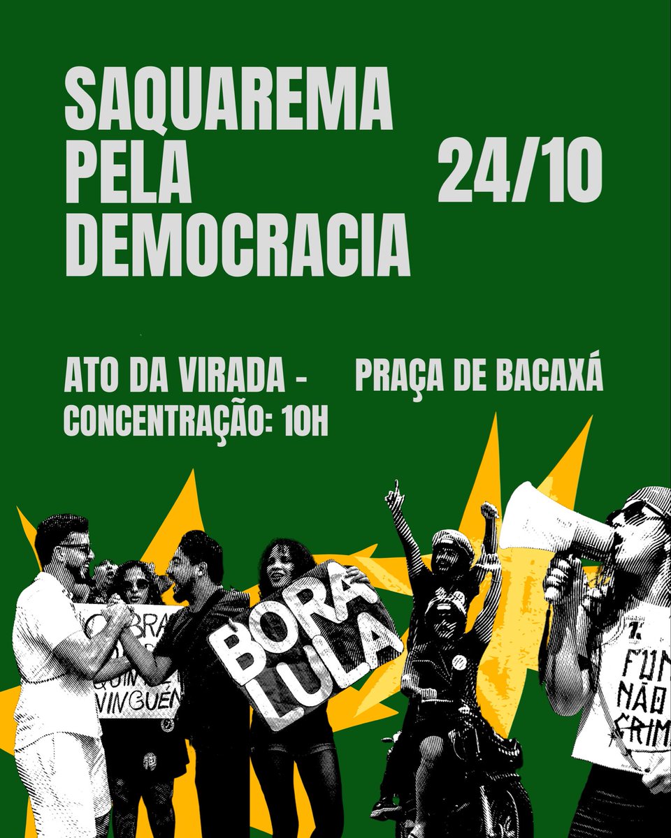 Saquaremaspd's tweet photo. ATO DA VIRADA - FINAL 📣⭐️❤️‍🔥🇧🇷

🗓 Sábado, 24/10 às 10h
📍 Praça de Bacaxá

Venha lutar pela nossa Democracia! Borá pra cima, Saquarema/RJ! Tragam amigos e familiares pra fazermos muito barulho e fecharmos com chave de ouro. Será histórico! 🦑💪🤘

#SaquaremaPelaDemocracia https://t.co/qE0sRwX1BQ
