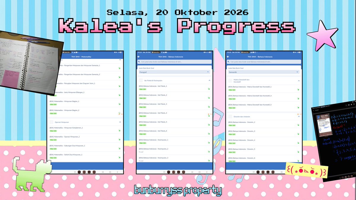 Bunburryss's tweet photo. ‧₊˚❀༉‧₊˚. Lea's TKA Progress 📝📚
⌗ Date : 20 October 2026
⌗ Subjects : MTK, B Indo, Sosiologi 
⌗ Materi : Latsol Himpunan, Semantik, Paragraf, Interaksi Sosial

note: hariini aku cuma nyatet sosio, terus full drilling soal dibank soalnya mipyy! Yayy top 1 xixi #studytwt https://t.co/CX1aBuXmoP