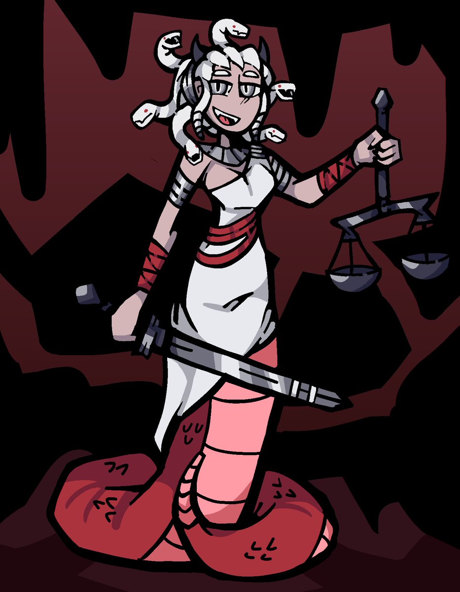 fattyisfearful's tweet photo. Gorgontober Day 5 - Justice (#helltaker)
Lady Justice is blind but her gaze still stings either way!
How do blind gorgons work anyhow. https://t.co/I8OzUisSMb