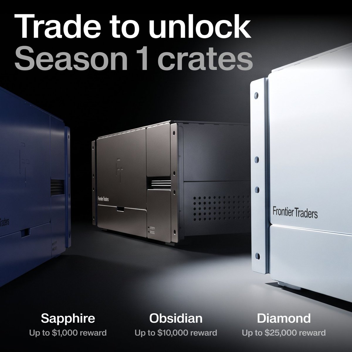 joinfrontier's tweet photo. You could win up to $25,000 in a single crate.

Season 1 just got three new tiers for traders putting up real volume on @PhoenixTrade &amp; @solflare:

$1M -> Sapphire, up to $1,000
$10M -> Obsidian, up to $10,000
$50M -> Diamond, up to $25,000 https://t.co/tvjkUh3xzi