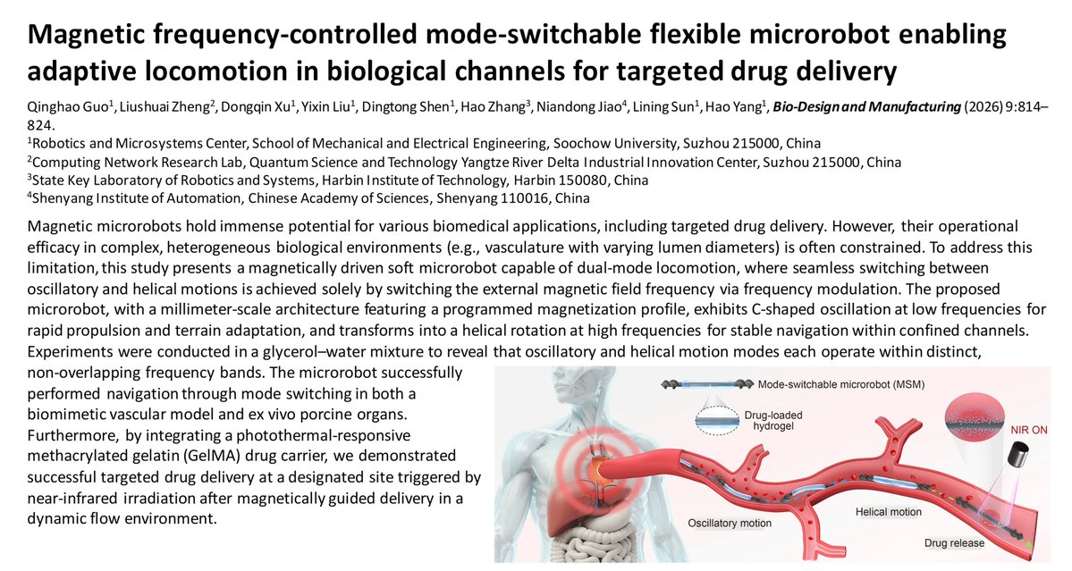 BioDesignManuf's tweet photo. Magnetic frequency-controlled mode-switchable flexible microrobot enabling
adaptive locomotion in biological channels for targeted drug delivery

Learn more: https://t.co/MOJnBVj0hl https://t.co/oL7Ai5ltpj