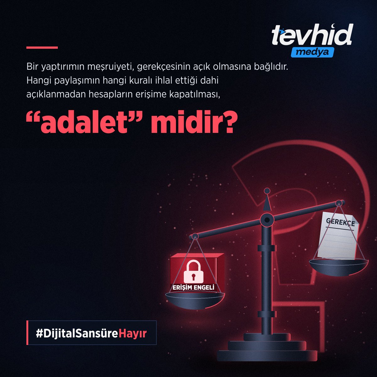_tevhidekip_'s tweet photo. Bir yaptırımın meşruiyeti, gerekçesinin açık olmasına bağlıdır. Hangi paylaşımın hangi kuralı ihlal ettiği dahi açıklanmadan hesapların erişime kapatılması, "adalet" midir?
 
 #DijitalSansüreHayır https://t.co/rxbr0efQ2T